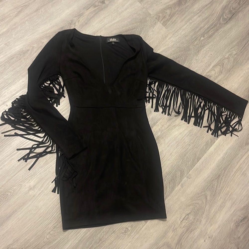 Suede western style v neck mini dress with fringe